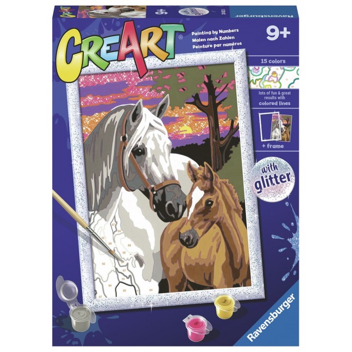 Peinture à numéros CreArt pour enfants : Sunset Horses (avec paillettes) (24 x 18 cm)