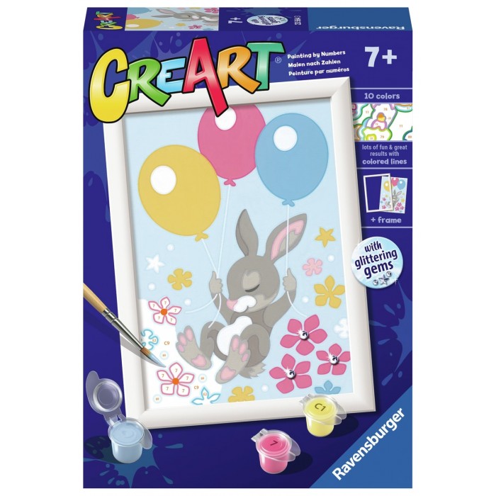 Peinture par numéros CreArt pour enfants : Flying Bunny (avec gemmes à coller) (13 x 18 cm)